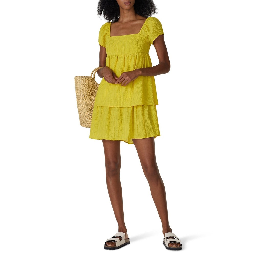RTR Now Yellow Smocked Babydoll Mini Dress XS Puff Sleeve Textured Cottagecore